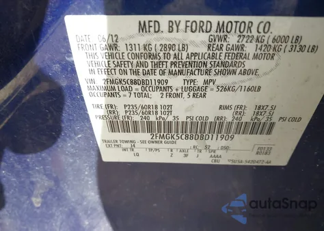 2013 Ford Flex Sel из США, поврежденный, VIN 2FMGK5C88DBD11909